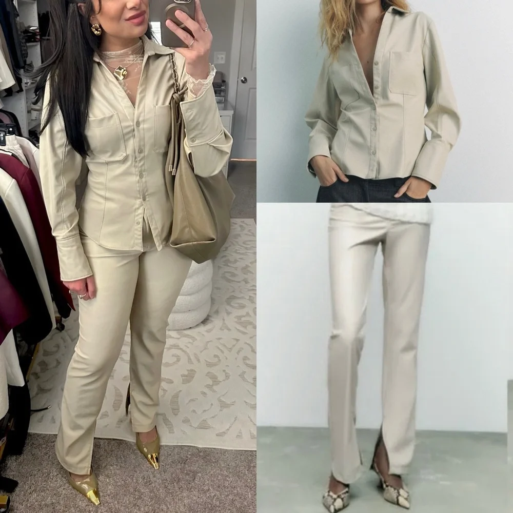 Zara NWOT SET faux leather button tapered waist shirt & matching split hem pants